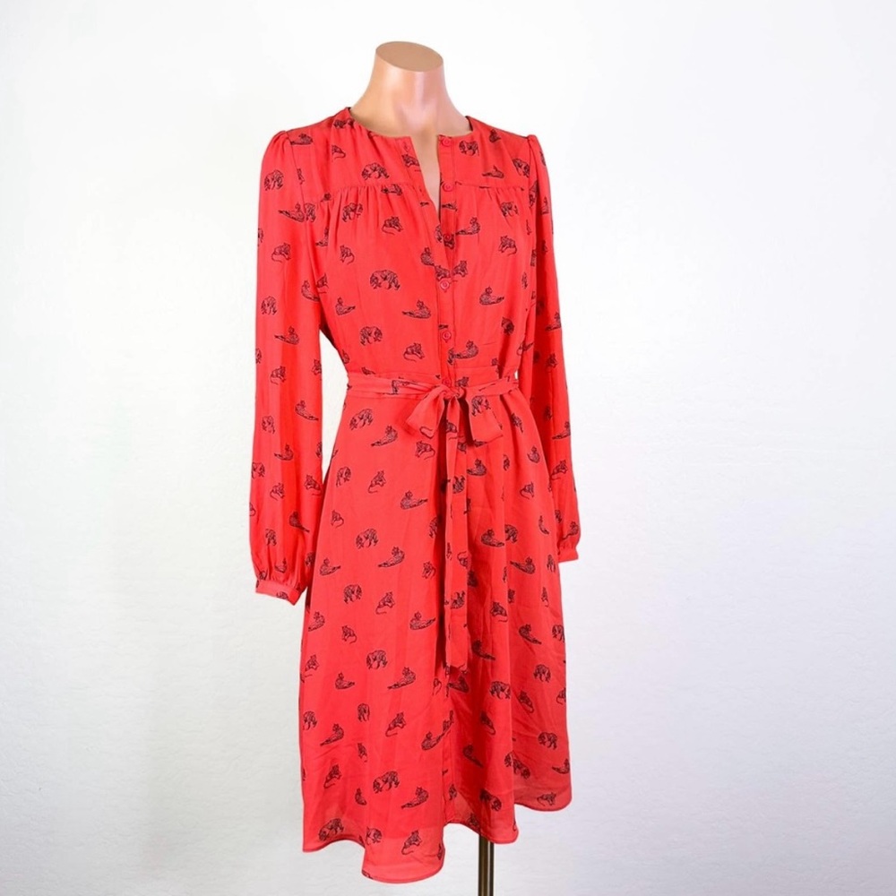 Banana Republic Button Tie Waist Long Sleeve Tiger Print Midi Dress Coral size 6